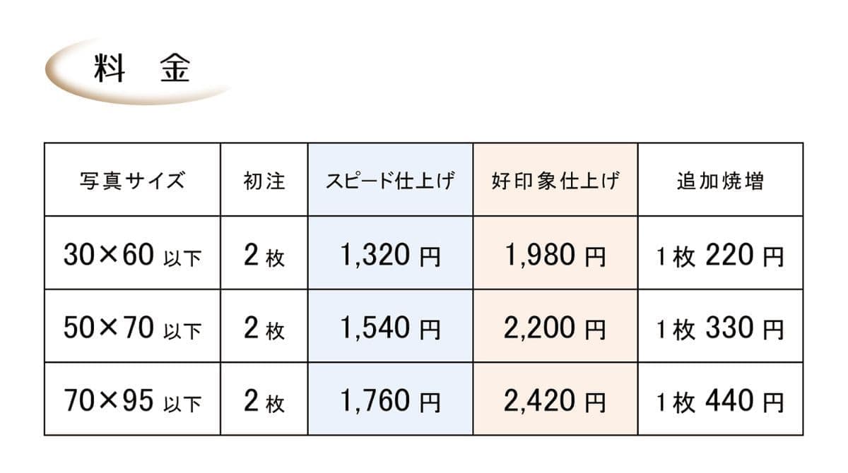 証明写真料金表